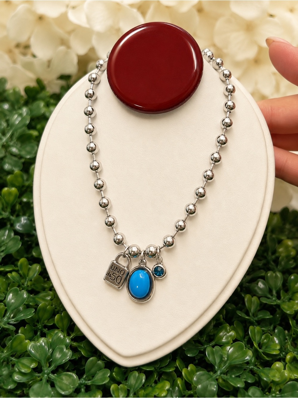 Steel 316L Silver Beaded Necklace with Turquoise & Blue Charms